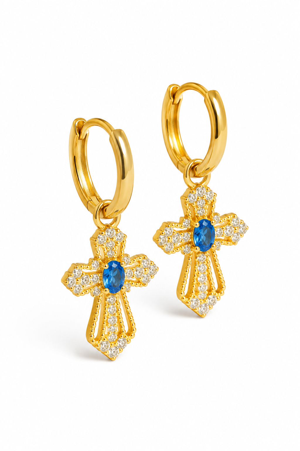Sapphire Cross Pavé Gold Hoop Earrings