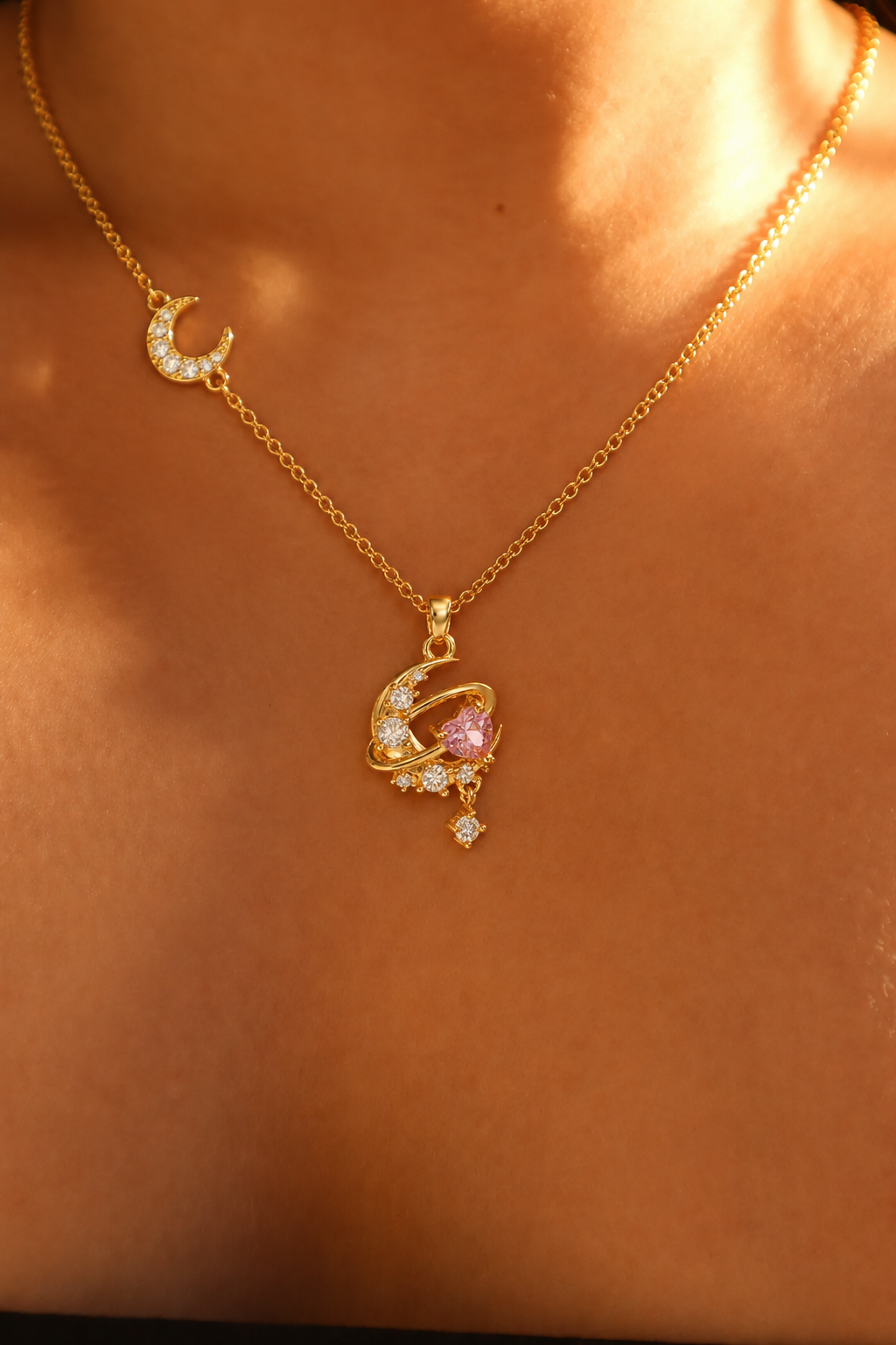 18K Real Gold Plated Stainless Steel Celestial Orbit Pink Heart Crystal Pendant Necklace