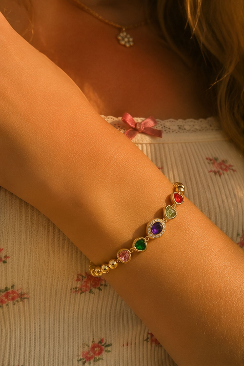 Rainbow Heart Gemstone Gold Beaded Bracelet