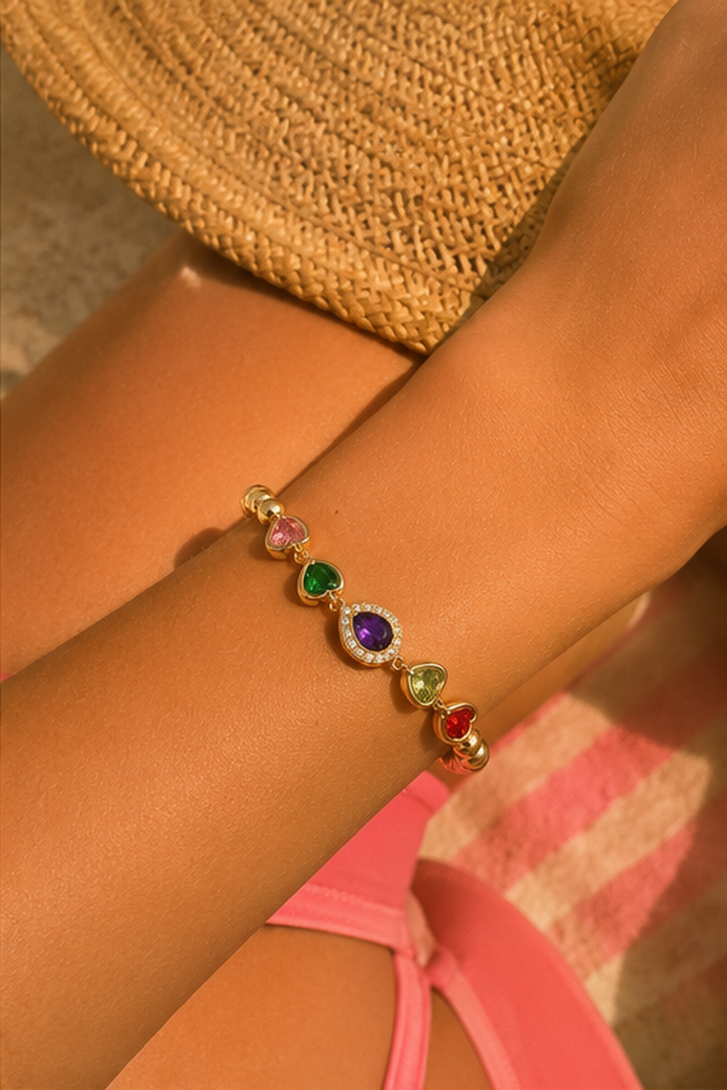 Rainbow Heart Gemstone Gold Beaded Bracelet