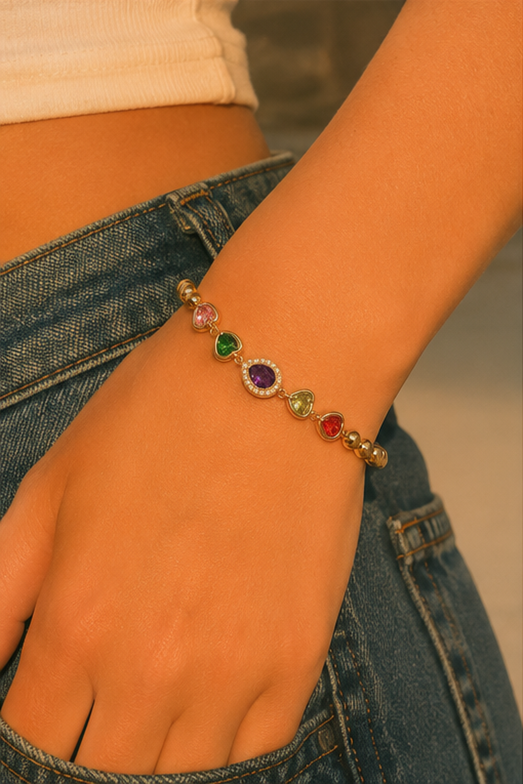 Rainbow Heart Gemstone Gold Beaded Bracelet
