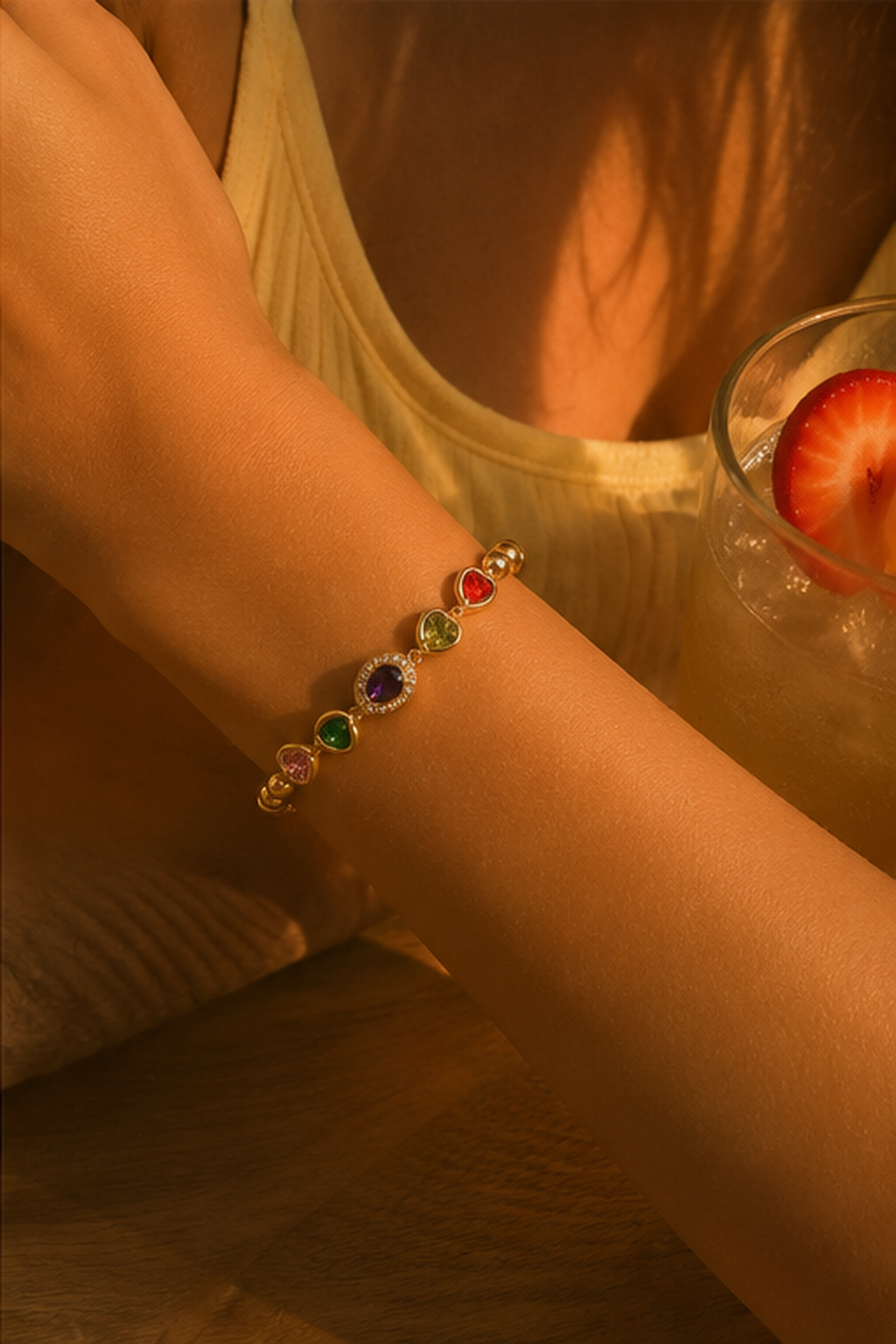 Rainbow Heart Gemstone Gold Beaded Bracelet
