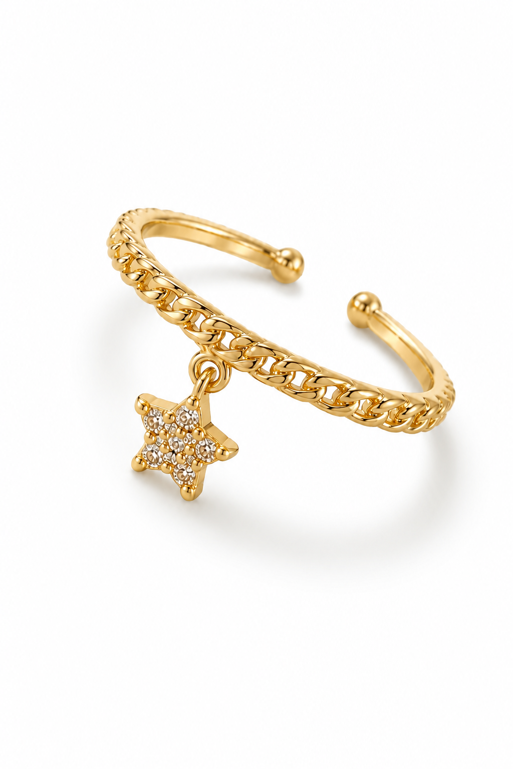 Gold Star Zircon Charm Chain Ring