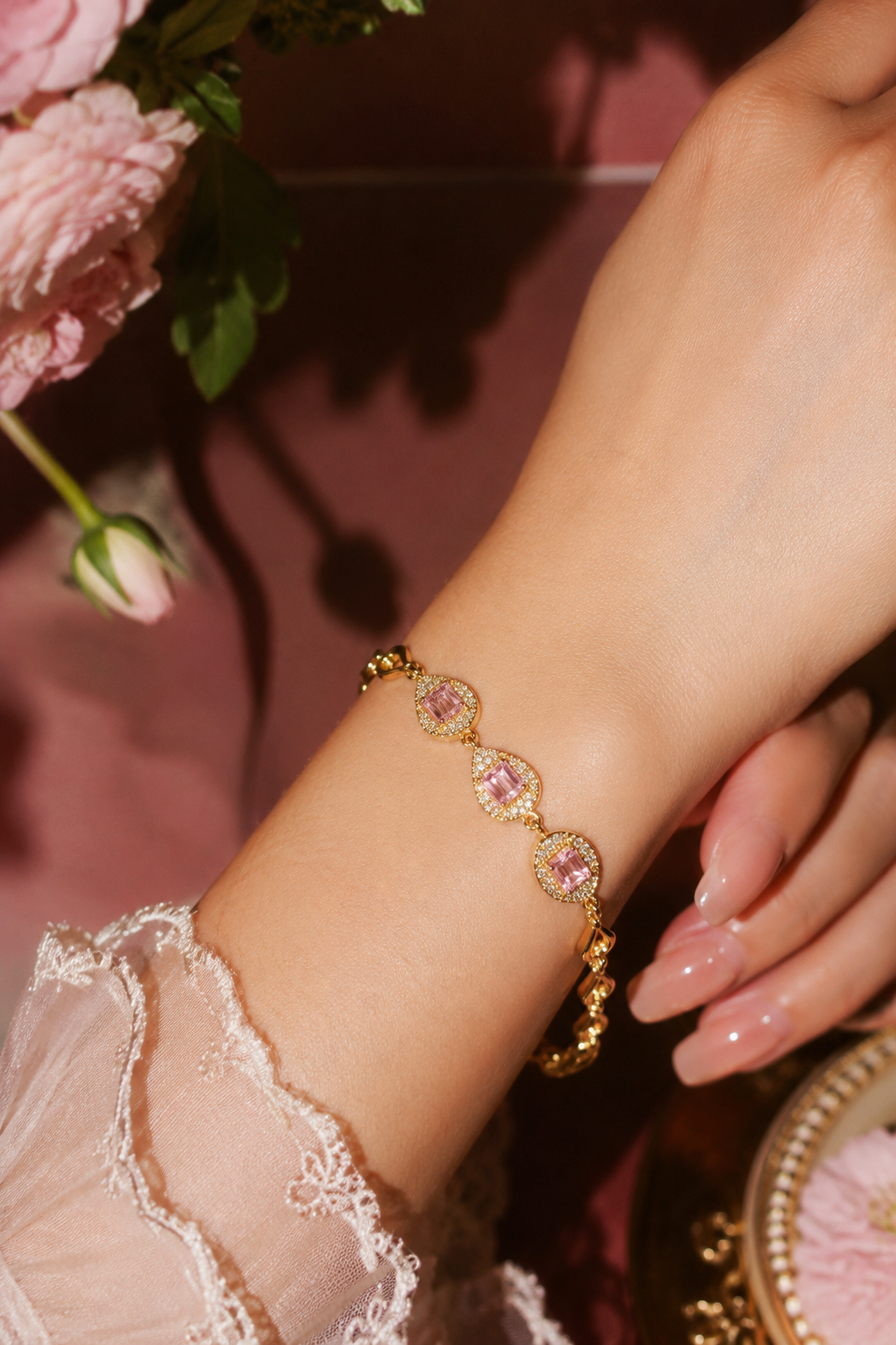 18K Real Gold  Plated Pink Gemstone Teardrop Bracelet