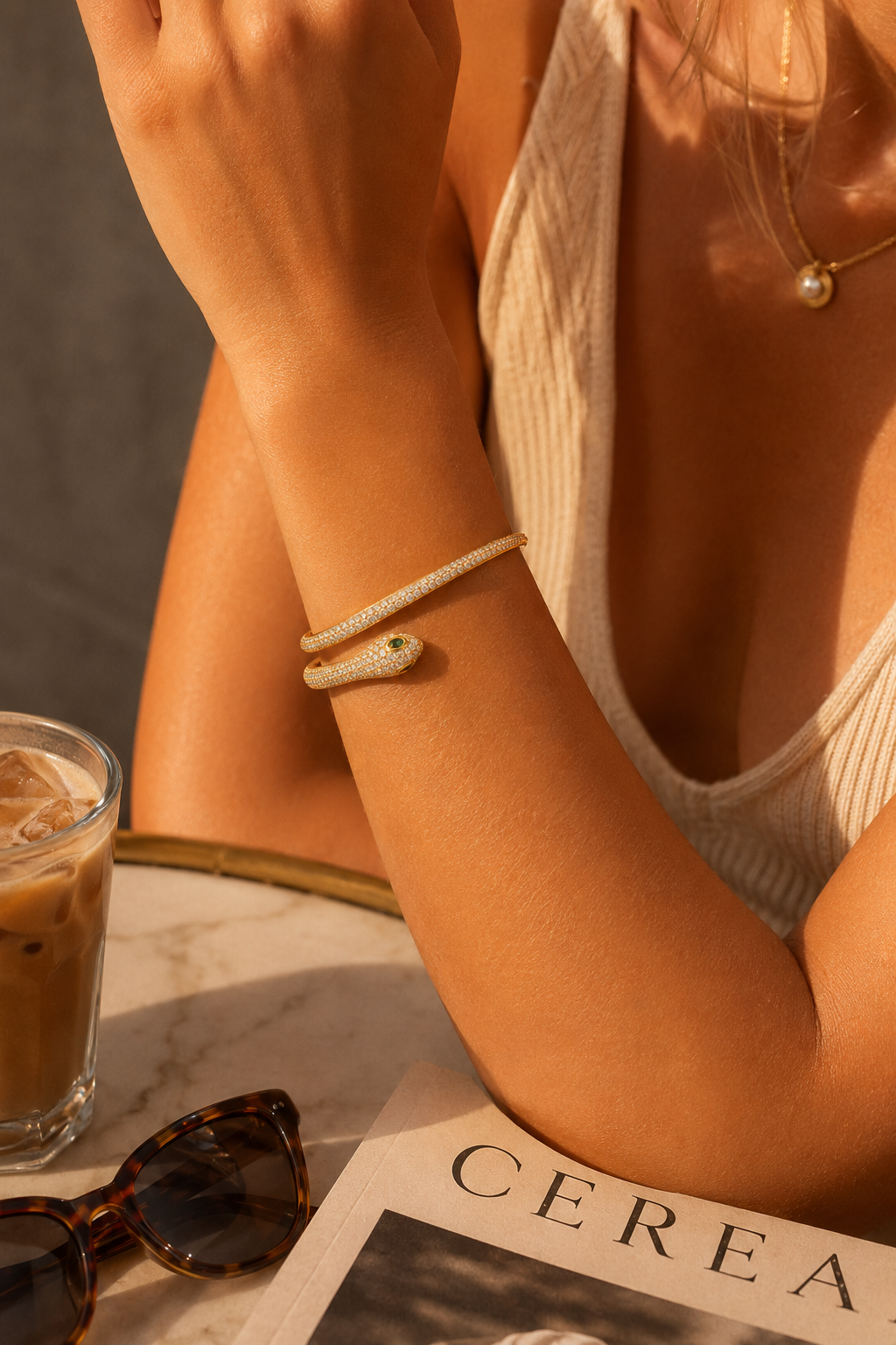 Golden Serpent Pavé Crystal Cuff Bangle