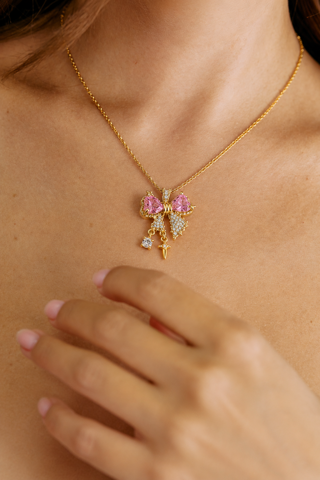 18K Gold-Plated Titanium Steel Sweetheart Sparkle Bow Necklace