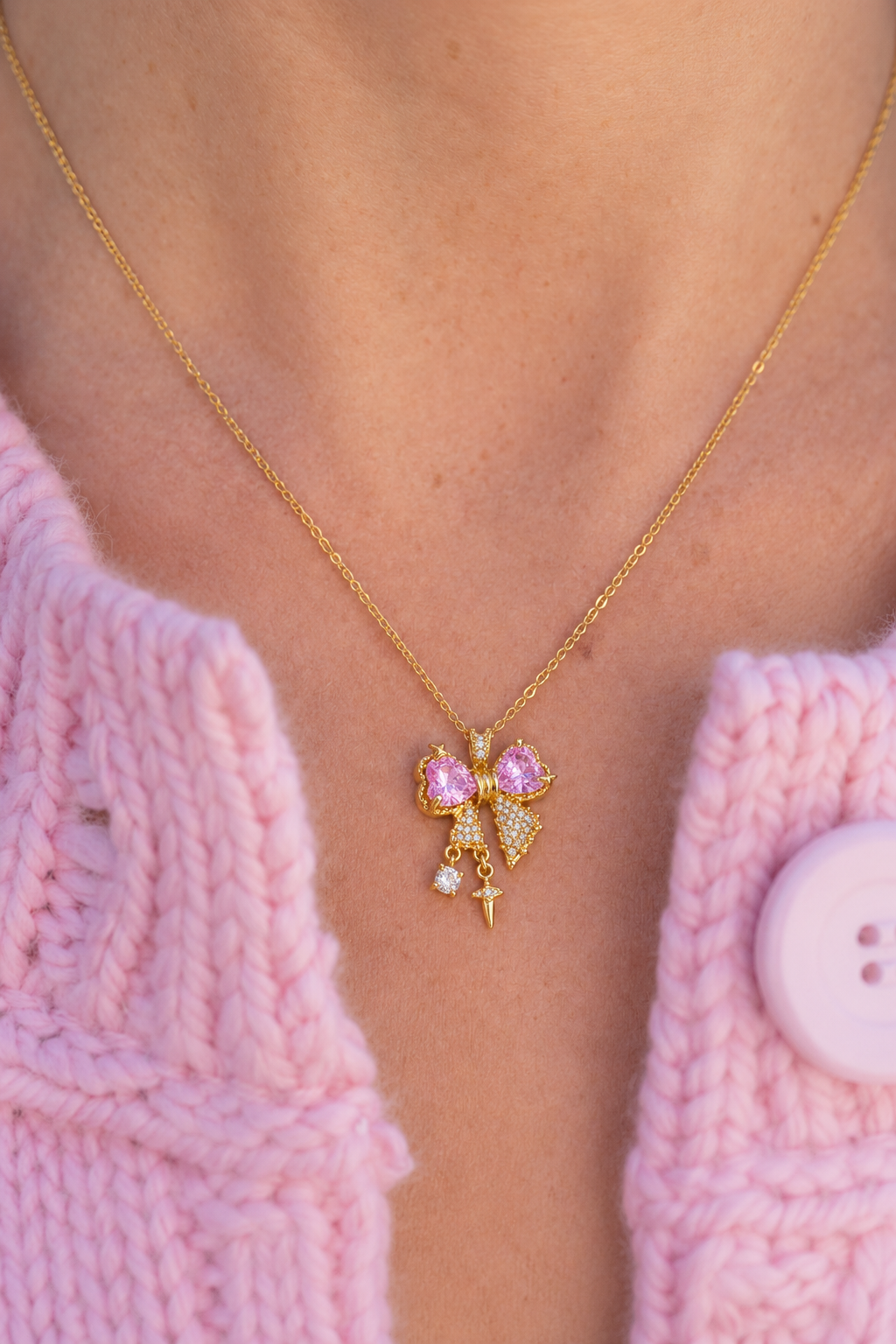 18K Gold-Plated Titanium Steel Sweetheart Sparkle Bow Necklace