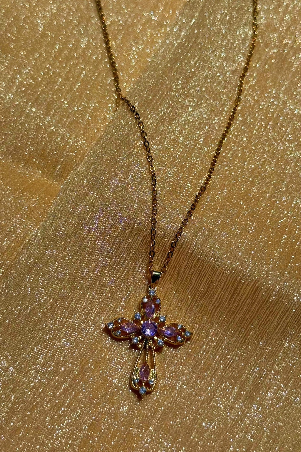 18K Real Gold Plated Stainless Steel  Blush Halo Pink Crystal Cross Pendant Necklace