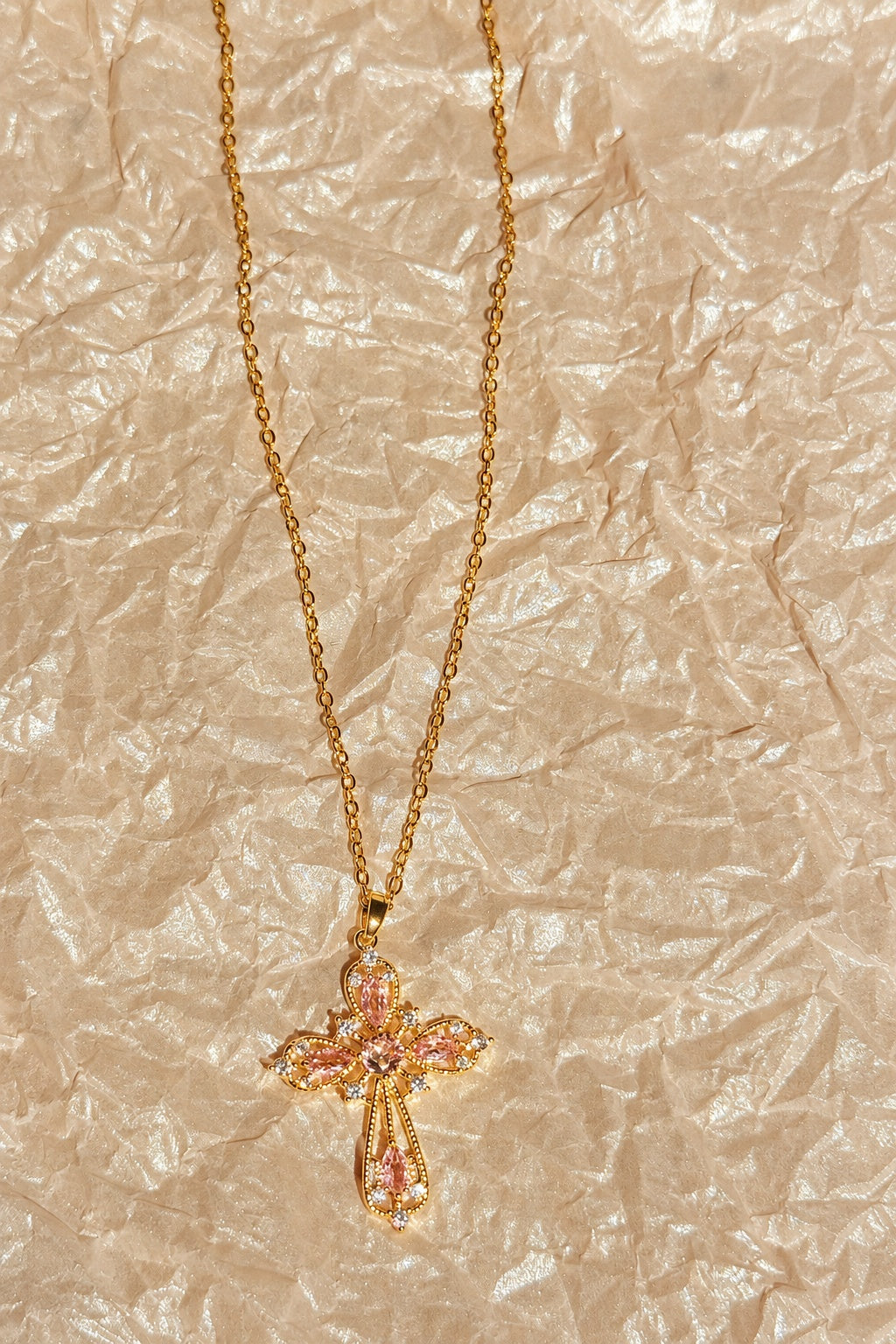 18K Real Gold Plated Stainless Steel  Blush Halo Pink Crystal Cross Pendant Necklace