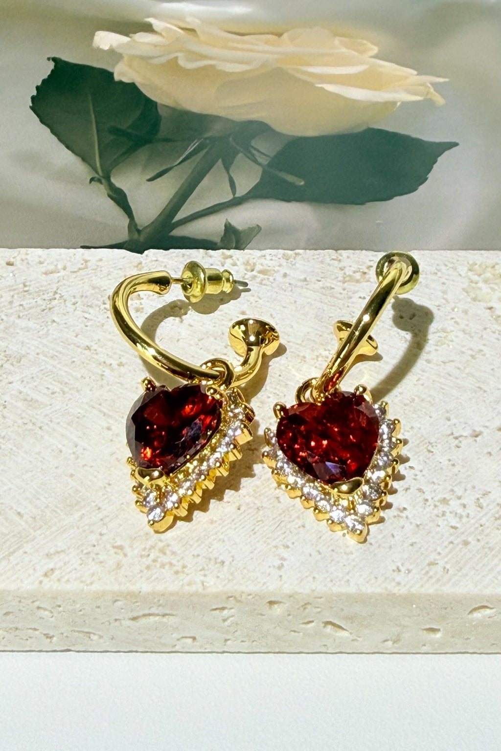 18K Real Gold Plated Brass Ruby-Red Heart  Earrings
