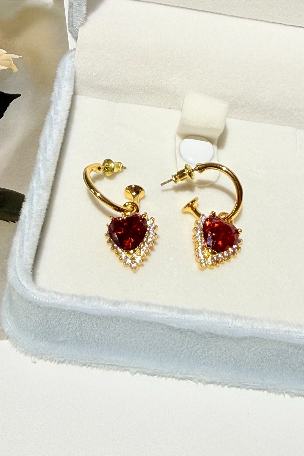 18K Real Gold Plated Brass Ruby-Red Heart  Earrings