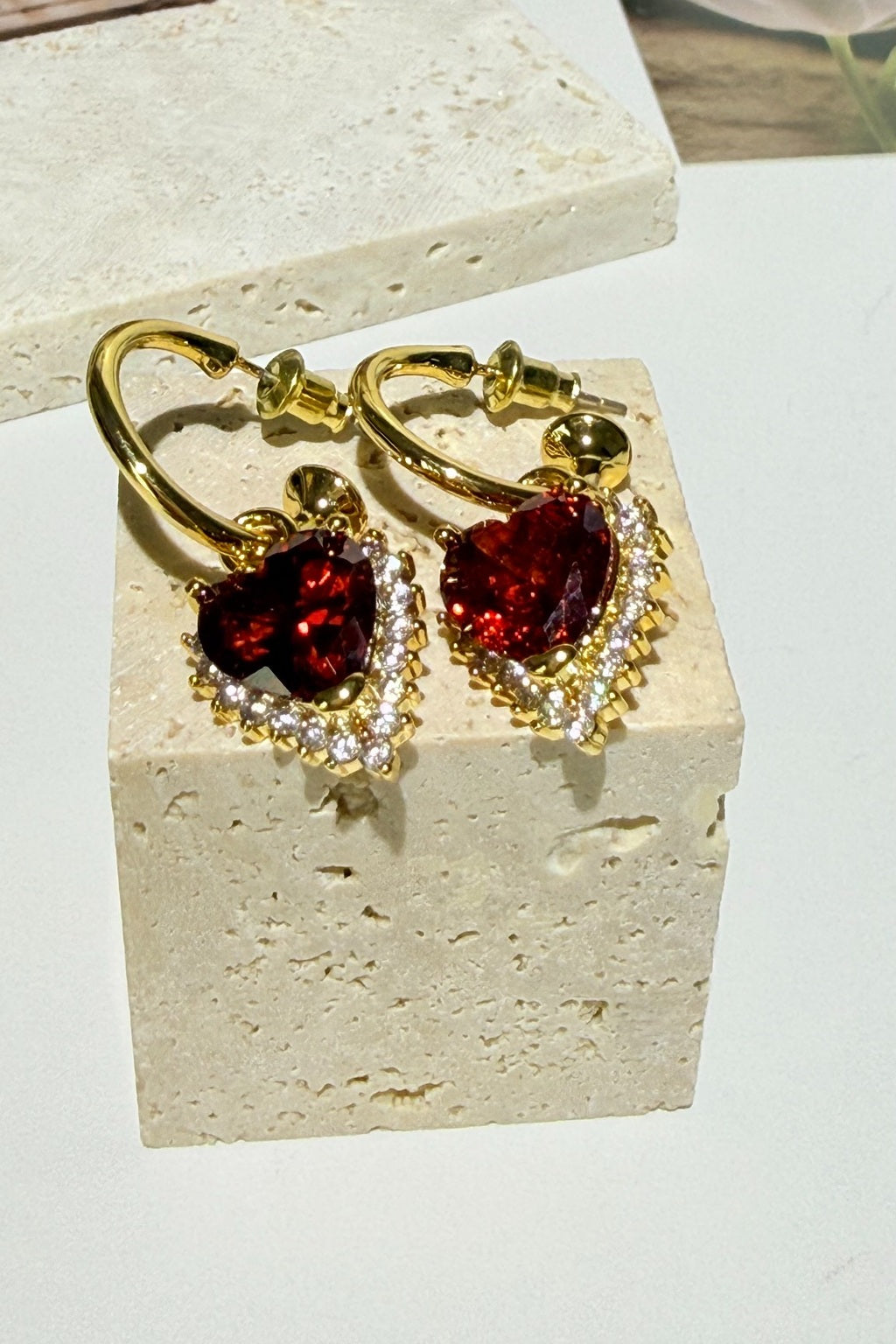 18K Real Gold Plated Brass Ruby-Red Heart  Earrings