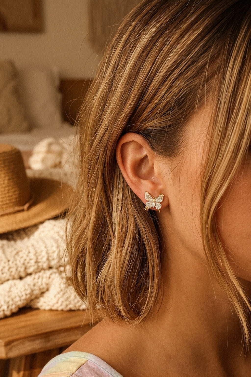 Golden Butterfly Pavé Stud Earrings